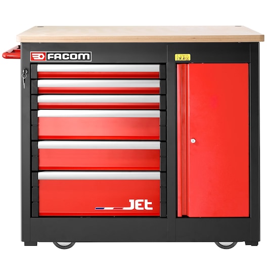 Facom JET.6MWBA tool cabinet with six red drawers, side storage door, and wooden top, front view on white background.