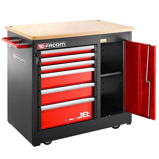 Facom JET.6MWBA tool chest with wooden top, six red drawers, open right cabinet, front angle on white.