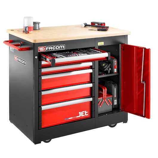 Facom JET.6MWBA tool cabinet with red drawers, side door open, wood top, and visible hand tools, angled view.