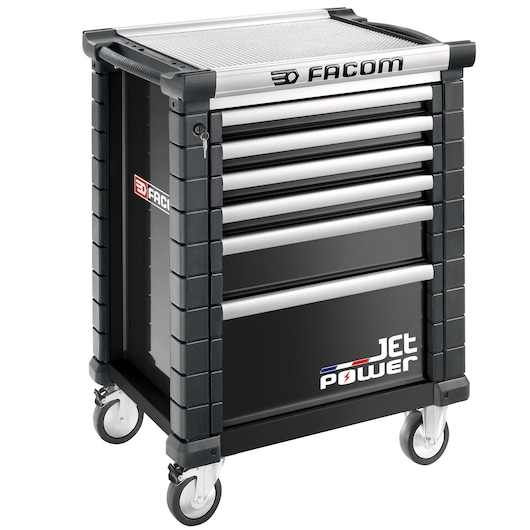Facom JET.6NM3APOWER tool cabinet with six drawers, black and silver, on wheels, front angle photo.