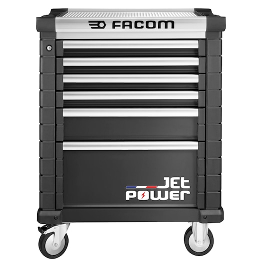 Facom JET.6NM3APOWER tool cabinet with seven drawers, black finish, front angle, on caster wheels.