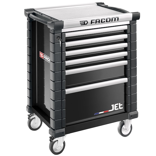 Facom JET.6NM3A tool chest with six drawers on caster wheels, front angle, black and silver finish.
