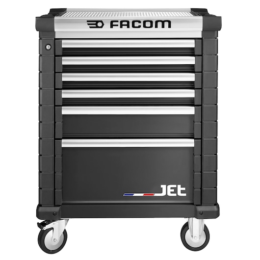 Facom JET.6NM3A black tool trolley with six drawers, front angle, white background.