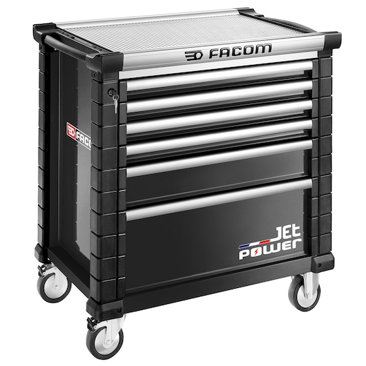 Facom JET.6NM4APOWER black rolling tool cabinet with six drawers, angled view, metal handles.