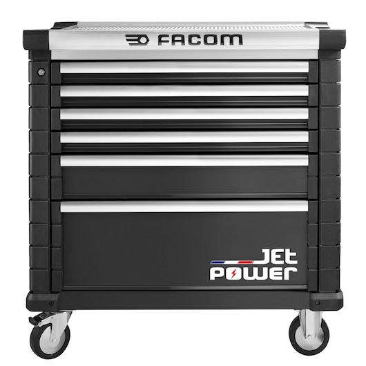 Facom JET.6NM4APOWER black tool chest with Jet Power logo, front angle, multiple drawers, caster wheels.
