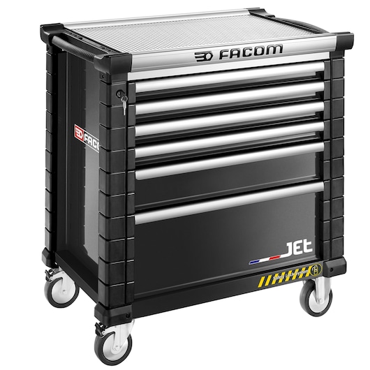 Facom JET.6NM4AS black rolling tool cabinet with six drawers, side handle, and caster wheels, front angle.