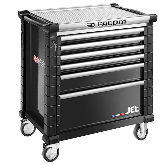 Facom JET.6NM4A black tool chest with six drawers, side view, white background.