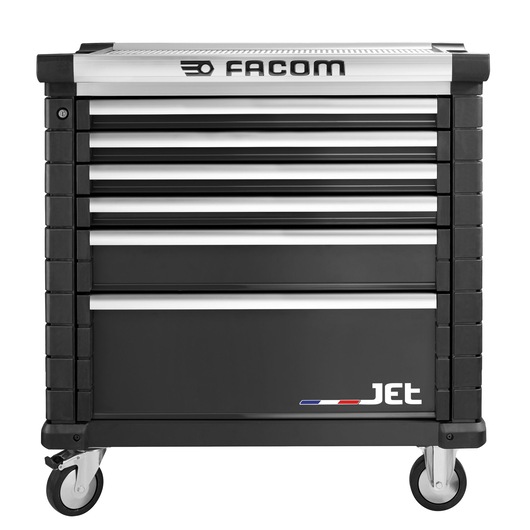 Facom JET.6NM4A tool chest with six drawers, black and silver, front angle, photography.