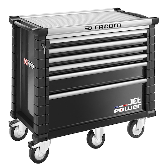 Facom JET.6NM5APOWER black tool chest on wheels, side view, with multiple drawers and Jet Power branding.