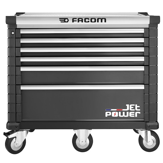 Facom JET.6NM5APOWER tool chest with six drawers, black finish, front angle, on caster wheels.