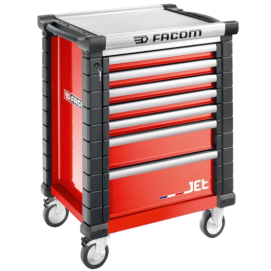 Facom JET.7M3A red and black wheeled tool cabinet with seven drawers, photographed at a front angle on white background.
