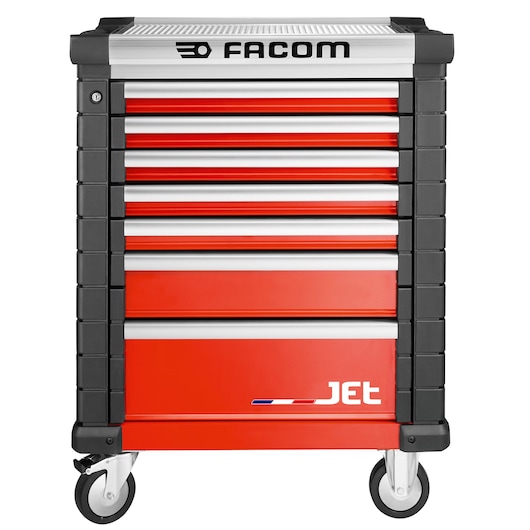 Facom JET.7M3A red and black tool chest with seven drawers on wheels, front angle, photography.