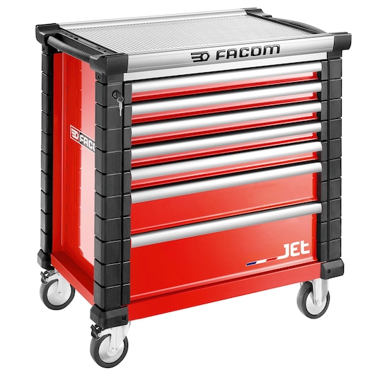Facom JET.7M4A red tool storage cabinet with drawers and wheels, front angle, photography
