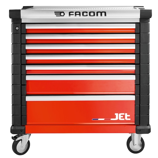 Facom JET.7M4A red and black rolling tool chest with seven drawers, front angle, photography.