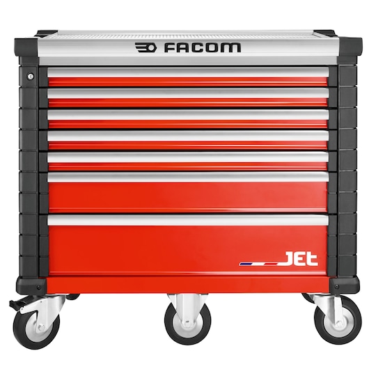 Facom JET.7M5A red rolling tool cabinet with seven drawers, front angle, white background.