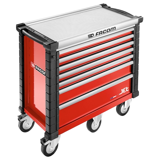 Facom JET.7M5A red rolling tool cabinet with seven drawers, metal top, side handle, and caster wheels, front angle.