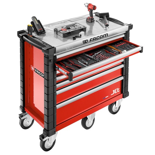 Facom JET.7M5A red tool trolley with open drawer showing assorted hand tools, photographed at front angle.