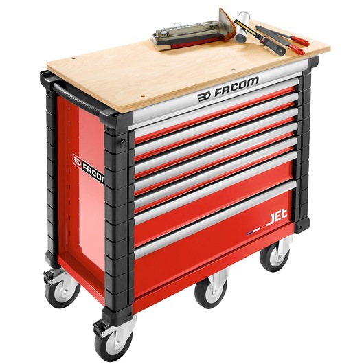 Facom JET.7M5A red tool chest with wooden top and tools, front angle, photography.