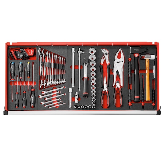 Facom JET.7M5A photography of a tool drawer set with wrenches, pliers, screwdrivers, sockets, and hammers, front angle.