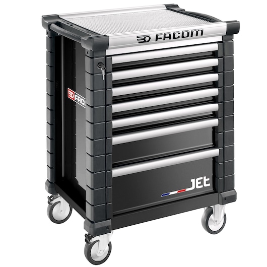 Facom JET.7NM3A tool chest with seven drawers, black and silver, angled view on white background.