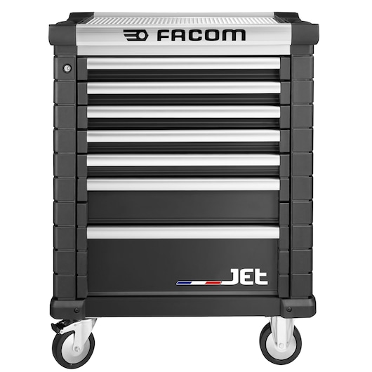 Facom JET.7NM3A tool chest with seven drawers, black and silver, front angle, on wheels.