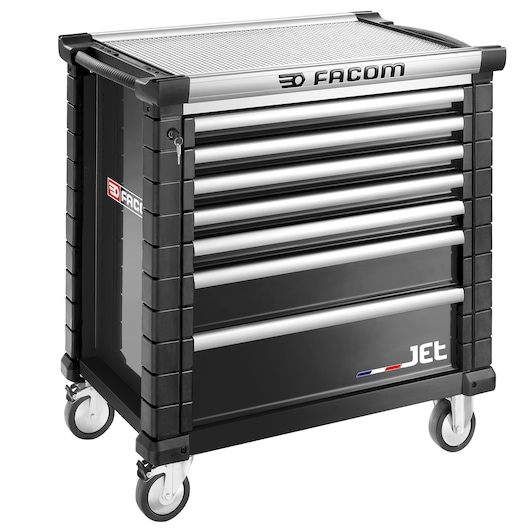 Facom JET.7NM4A black tool chest on wheels with seven drawers, photographed at a front angle.