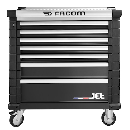 Facom JET.7NM4A tool chest with seven drawers, black and silver, front angle on white background.