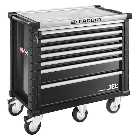 Facom JET.7NM5A black rolling tool cabinet with seven drawers, front angle, photography.