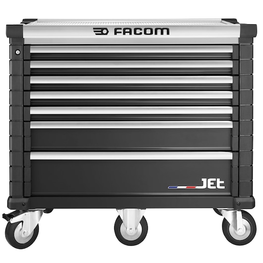 Facom JET.7NM5A rolling tool cabinet with seven drawers, black and silver finish, front angle on white background.