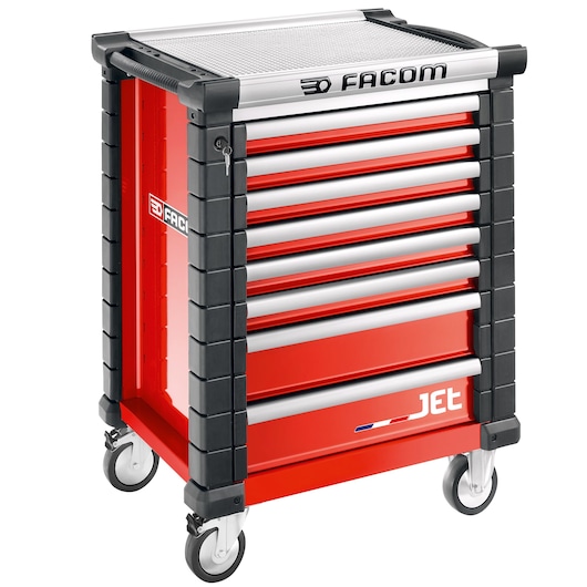 Facom JET.8M3A red tool cabinet with seven drawers, side handles and caster wheels, front angle photo.