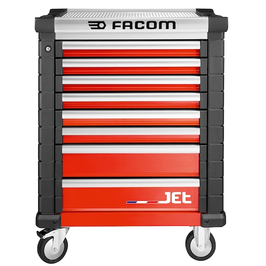 Facom JET.8M3A red tool chest with seven drawers and wheels, front angle photography.