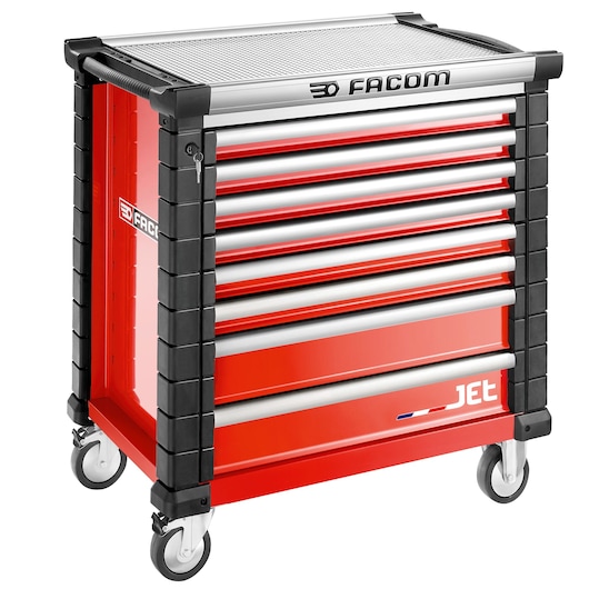Facom JET.8M4A red tool chest with seven drawers, side view, on caster wheels, white background.