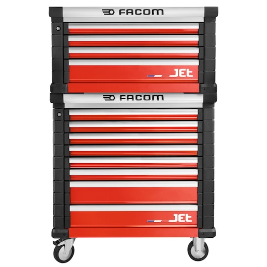 Facom JET.8M4A red tool chest with drawers, front angle, Jet logo visible, on wheels.