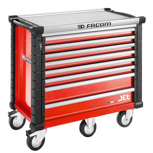 Facom JET.8M5A red rolling tool cabinet with seven drawers, side view on white background.