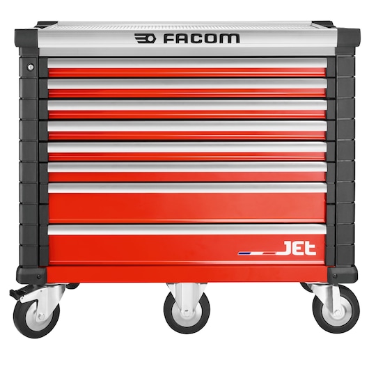 Facom JET.8M5A red tool cabinet with seven drawers and wheels, front angle on white background.