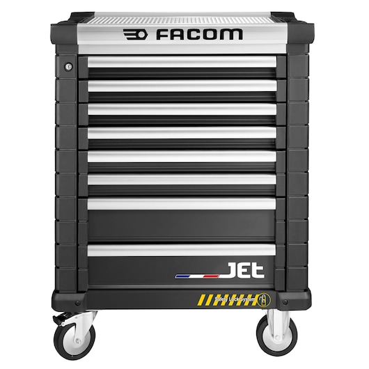 Facom JET.8NM3AS black tool chest with eight drawers, front view, white background.
