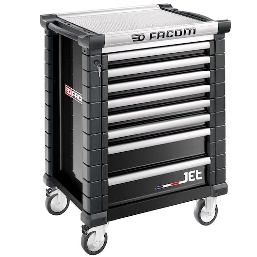 Photo of Facom JET.8NM3A black and silver rolling tool cabinet with seven drawers, front angle on white background.