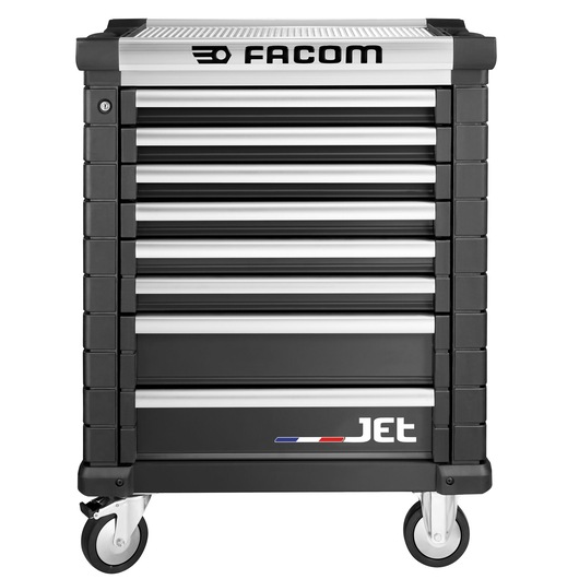 Front view of Facom JET.8NM3A photography black tool chest with seven drawers and caster wheels.