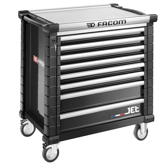 Facom JET.8NM4A black tool chest with seven drawers, silver handles, and wheels, front angle photo.