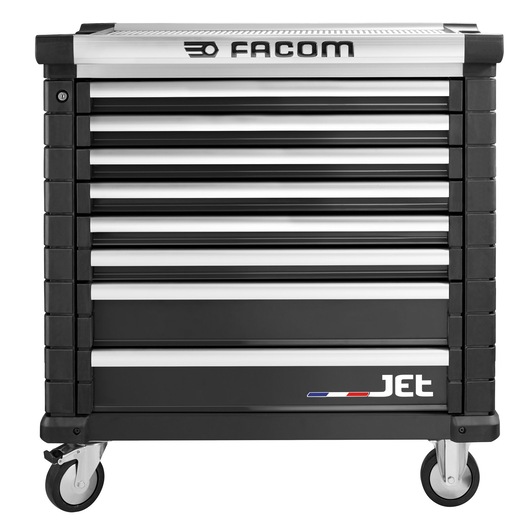Front view photo of Facom JET.8NM4A black tool chest with multiple drawers and caster wheels.