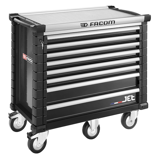 Facom JET.8NM5A black tool chest with seven drawers on wheels, side view, white background.
