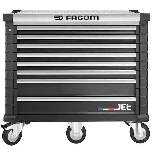 Facom JET.8NM5A tool chest with multiple drawers, black and silver, front angle on white background.