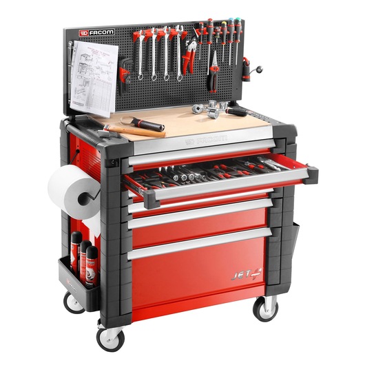 Facom JET_A14M4 tool trolley with pegboard, open drawer, tools, red and black, photography, front angle.