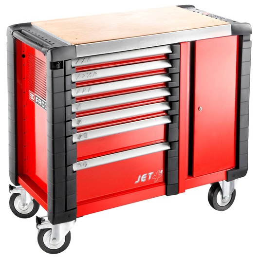 Facom JET_A14M5 red rolling tool cabinet with seven drawers, lockable door, wood top, front angle, white background.