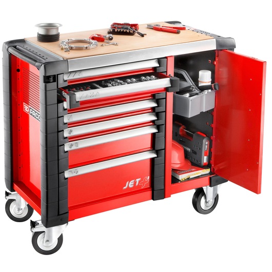 Facom JET_A14M5 red tool storage cart with open drawers and side cabinet, photographed from front right.