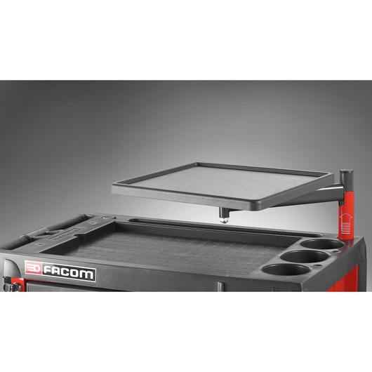 Facom JET_A3 photography of black and red tool cart with adjustable side tray, angled view.