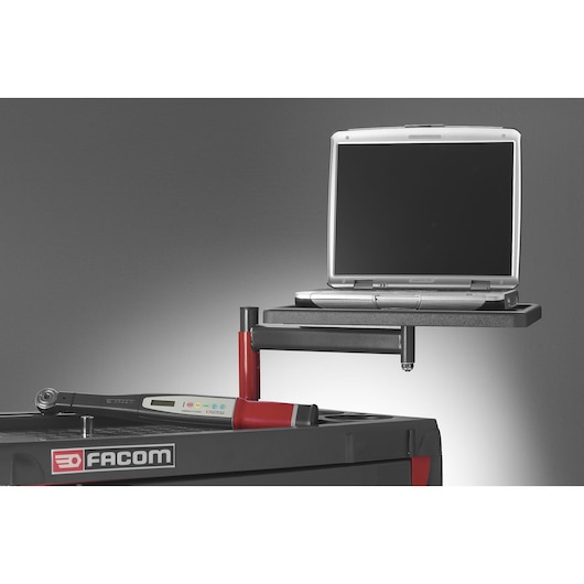Photo of Facom JET_A3 laptop support shelf attached to a tool trolley, side view on white background.