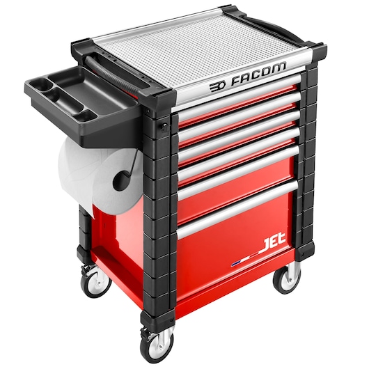 Facom JET_A5-1GXL red tool cabinet with six drawers, side tray, and paper roll holder, angled on white background.
