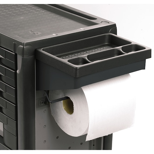 Facom black tool trolley JET_A5-1GXL with top tray and mounted paper roll, front angle on white background.