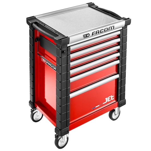 Facom JET_A5-3GXL red tool cabinet with six drawers, black corner reinforcements, and four caster wheels, front angle.